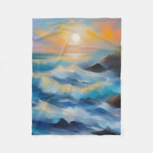 Painting of light blue sea waves under the sun fleece blanket