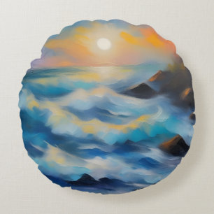 Painting of light blue sea waves under the sun round cushion
