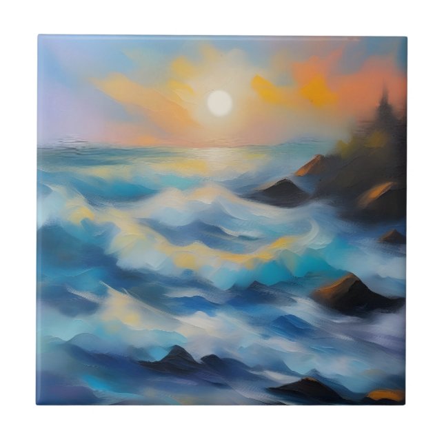 Painting of light blue sea waves under the sun tile (Front)