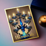 Painting of Menorah Happy Hanukkah Gold Blue Foil Holiday Card<br><div class="desc">Painting of Menorah Happy Hanukkah Gold Blue</div>