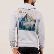 Painting of mountains with birds in flight