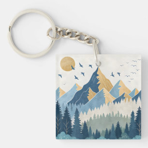 Painting of mountains with birds in flight key ring