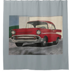 Painting of old style red car, shower curtains