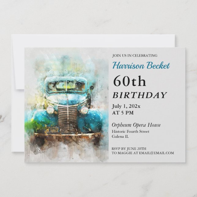 Painting of Old Truck Birthday Invitation (Back)