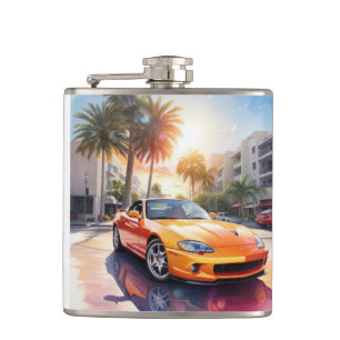 Painting of Orange Sport Car Hip Flask