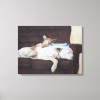 painting of puppy cuddling white american bulldog