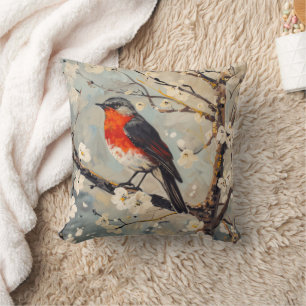 Painting of Red Breast Bird in Tree White Flowers Cushion