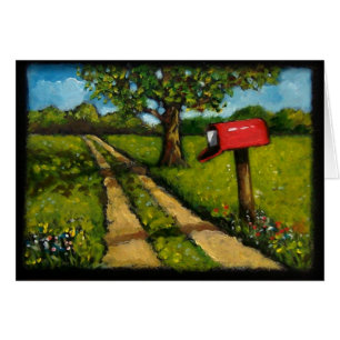 Painting of Red Country Mailbox Along Lane