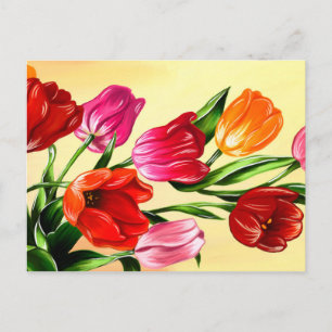 Painting of Red Pink Yellow Orange Tulips Postcard