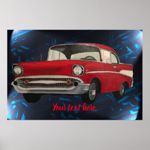 Painting of red vintage car on abstract blue black poster