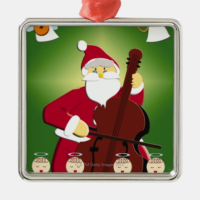 Painting of Santa Claus playing cello with Metal Tree Decoration (Front)