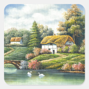 Painting Of Swans On A Lake Near A Home Square Sticker