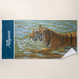 Painting Of Tiger Swimming   DIY Name   Ocean Blue Beach Towel