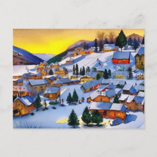 Painting of Village in Snow at Dawn Holiday Postcard