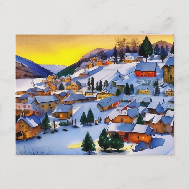 Painting of Village in Snow at Dawn Holiday Postcard (Front)