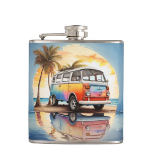 Painting of Vintage Minibus at Beach Hip Flask