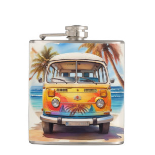 Painting of Vintage Minibus at The Beach Hip Flask