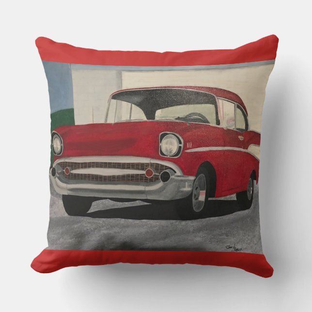Painting of Vintage Red Car in Driveway Pillows (Front)