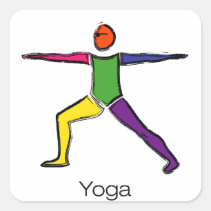Painting of Warrior 2 yoga pose with yoga text. Square Sticker