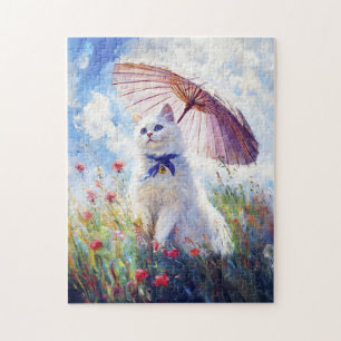 Painting of White Cat with Parasol in Poppy Field Jigsaw Puzzle