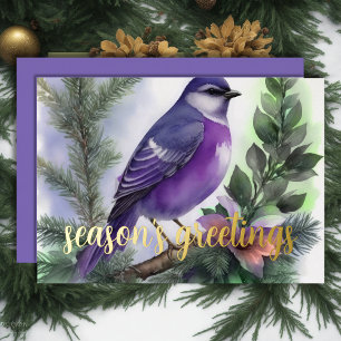 Painting of Winter Bird Purple Foil Holiday Card