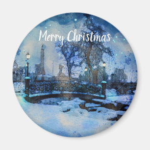 Painting of winter night in city park magnet