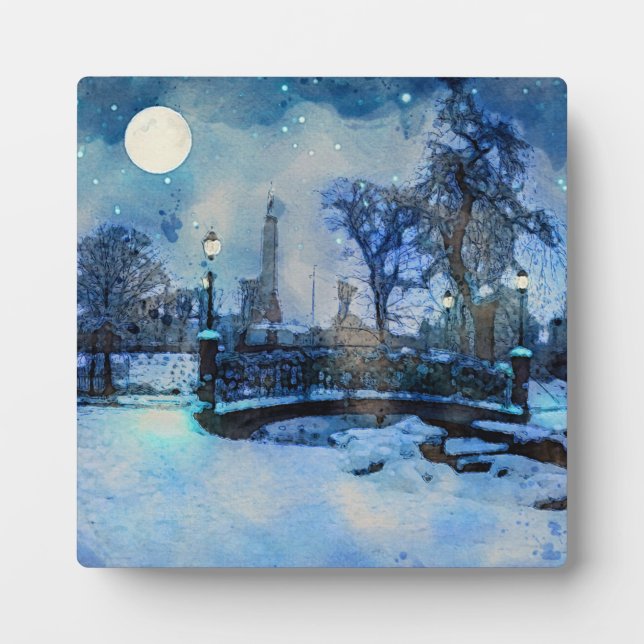 Painting of winter night in city park plaque (Front)