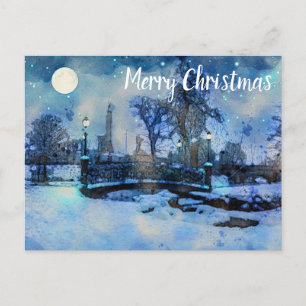 Painting of winter night in city park postcard