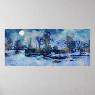 Painting of winter night in city park poster