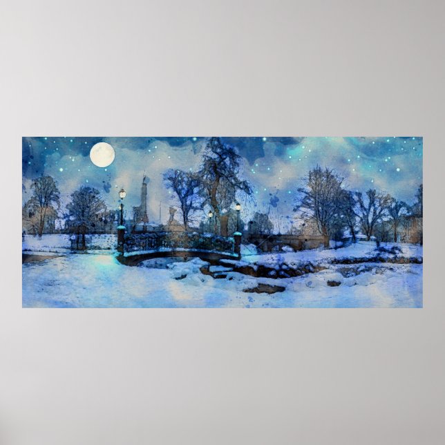 Painting of winter night in city park poster (Front)