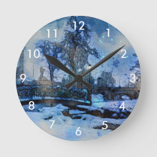 Painting of winter night in city park round clock