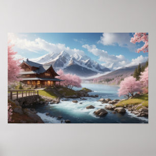 Painting of Wonderful Japanese Sakura with River Poster
