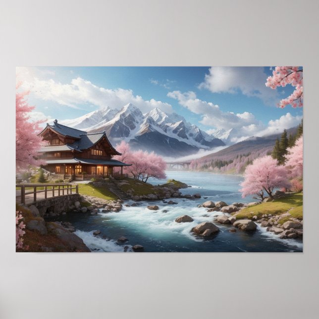 Painting of Wonderful Japanese Sakura with River Poster (Front)