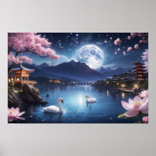Painting of Wonderful Sakura Winter Night Poster