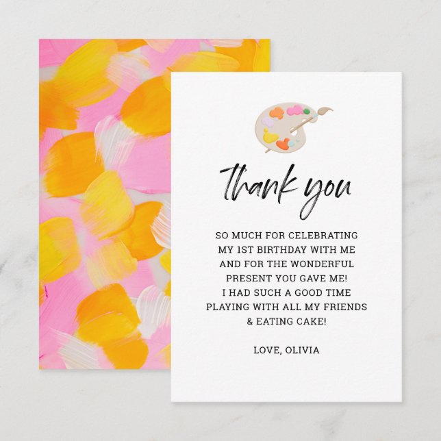 Painting Party 1st Birthday Party Thank You  Card (Front/Back)