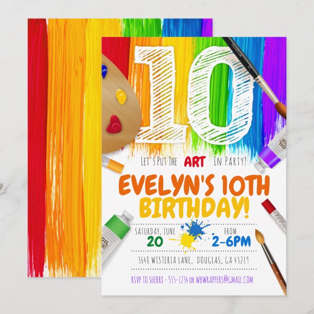 Painting Party Invitation, Art Birthday Party - 10 Invitation (Front/Back)