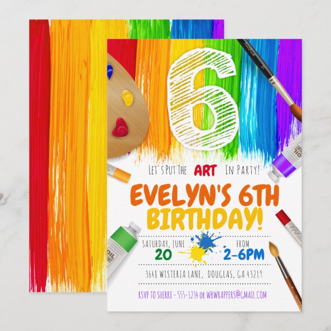 Painting Party Invitation, Art Birthday Party - 6 Invitation (Front/Back)