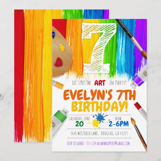 Painting Party Invitation, Art Birthday Party - 7 Invitation (Front/Back)