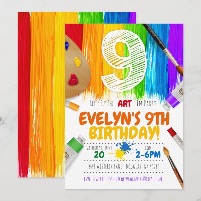 Painting Party Invitation, Art Birthday Party - 9 Invitation (Front/Back)