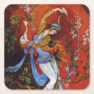 Painting Persian Girl Pouring wine from jug Square Paper Coaster