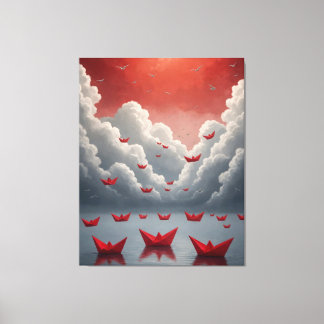 painting red paper boats floating in water canvas print