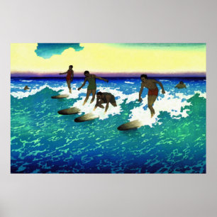 Painting surf riders Honolulu Poster