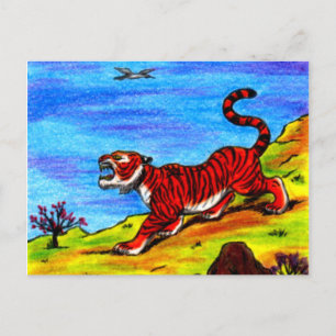 painting tiger and flying bird artwork fantasy holiday postcard