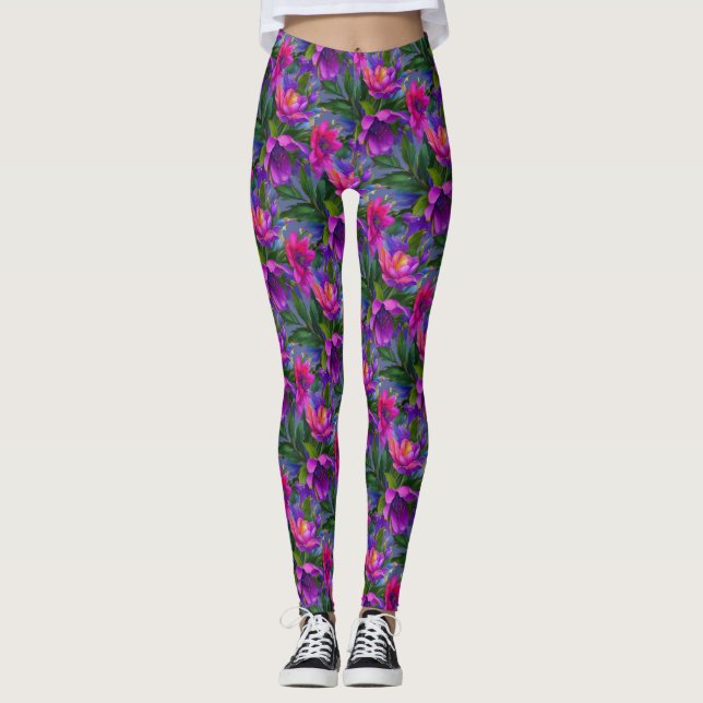 Painting Tropical Flowers Bright Colours Leggings (Front)