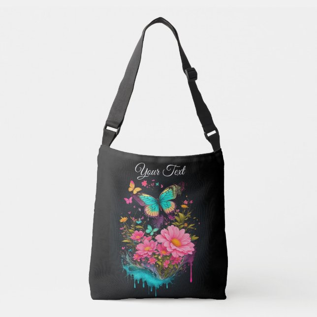 painting turquoise Butterflies cute pink flowers Crossbody Bag (Front)