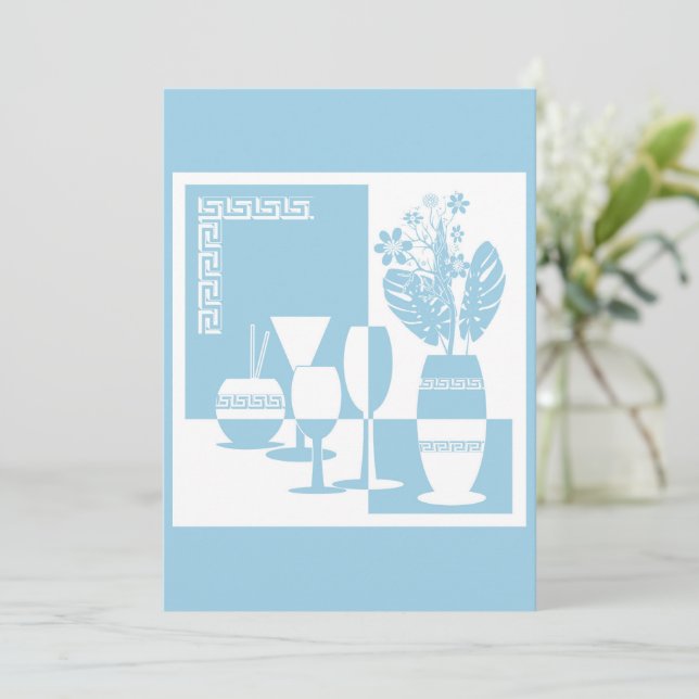 Painting vase with flowers and wine glasses sky bl (Standing Front)