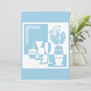 Painting vase with flowers and wine glasses sky bl