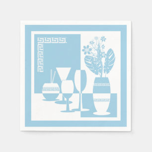 Painting vase with flowers and wine glasses sky bl napkin