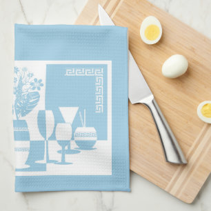 Painting vase with flowers and wine glasses sky bl tea towel