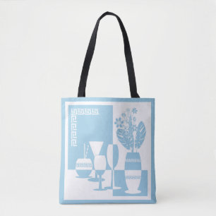 Painting vase with flowers and wine glasses sky bl tote bag
